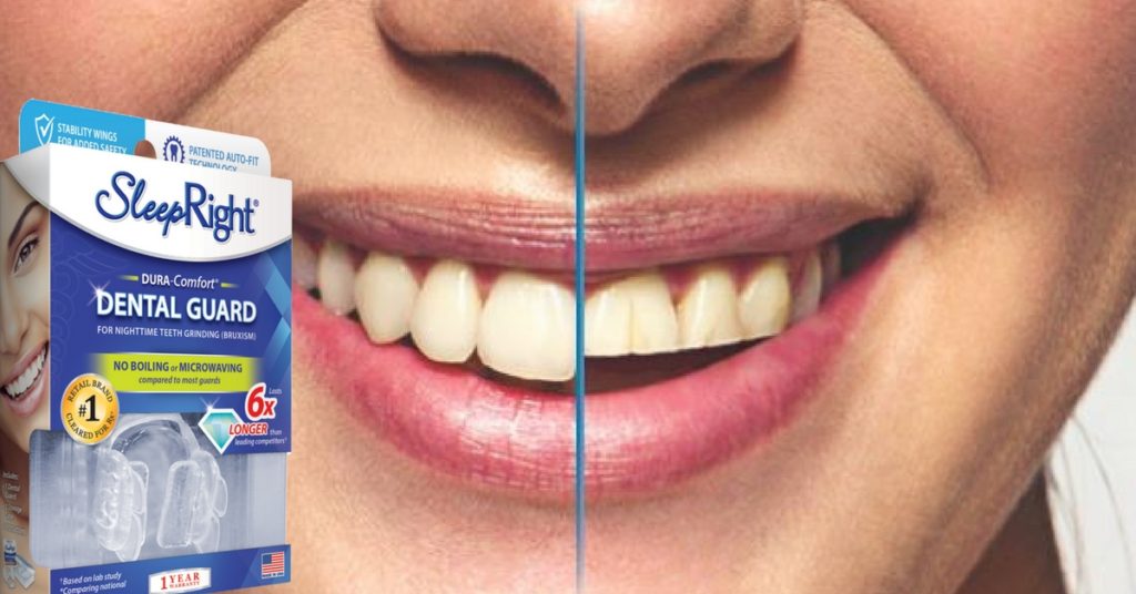 woman smiling in split screen to show how dental guard protects teeth